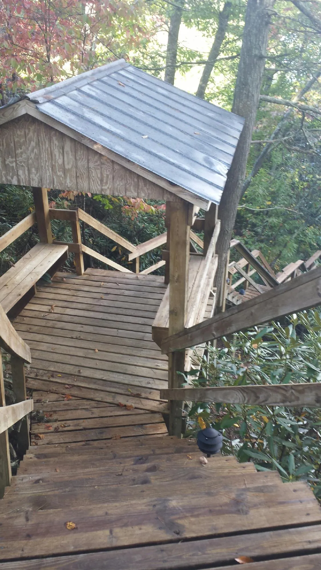Metal roofed shelter over wooden steps on a wooded walkway — Skylight Repair & Installation work by our crew in Ronald